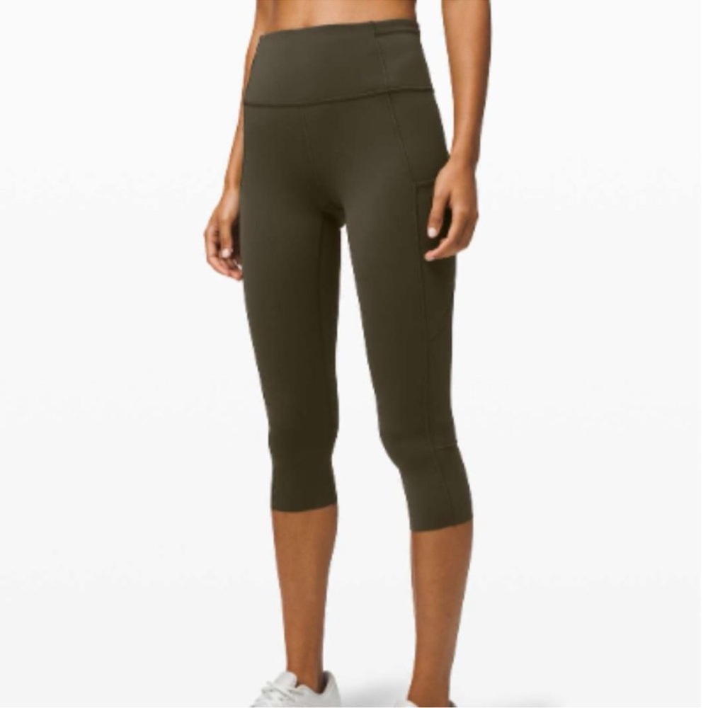 lululemon Fast and Free Hi-Rise Crop with Pockets, 19 inch in dark olive, size 6